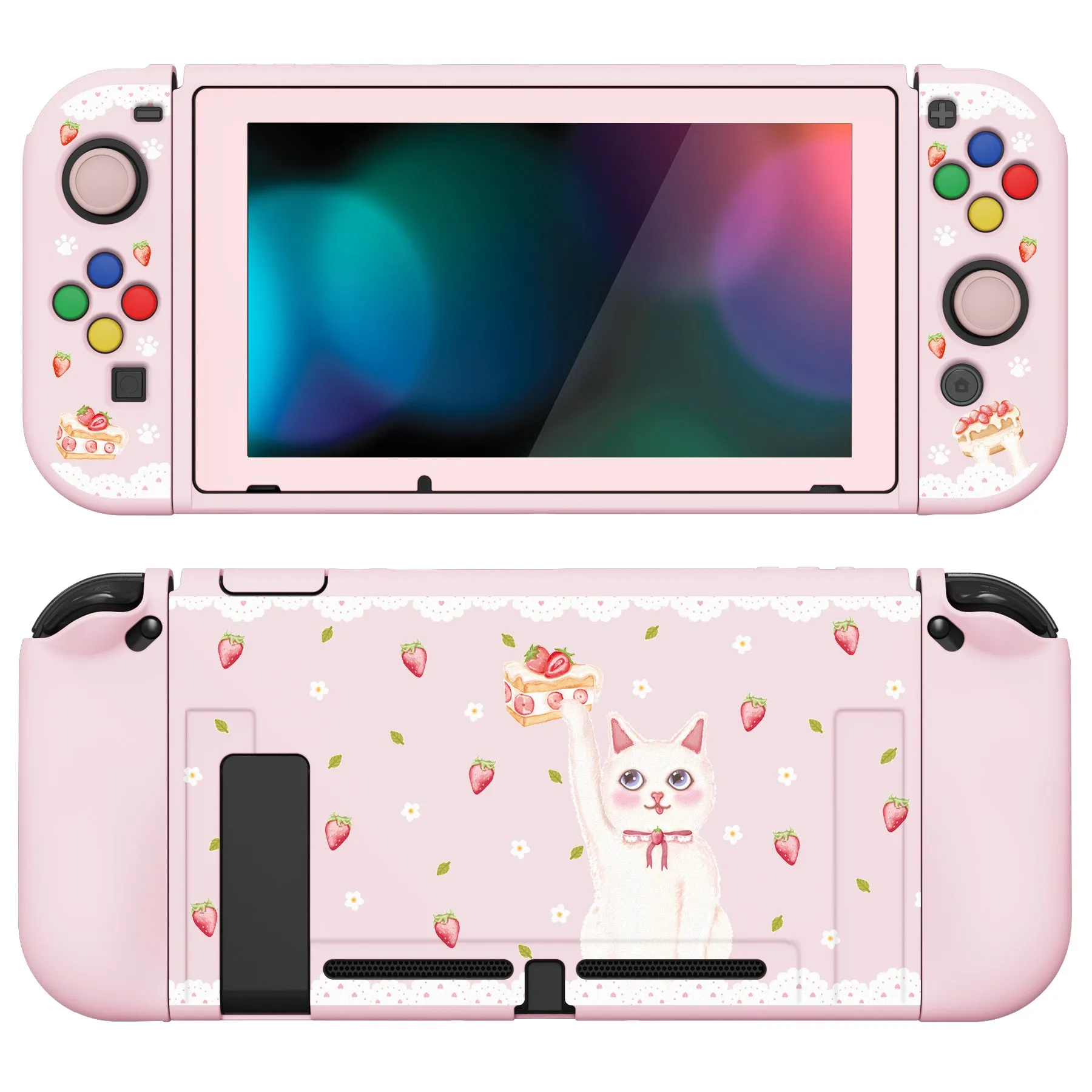 PlayVital ZealProtect Soft Protective Case for Nintendo Switch, Flexible Cover Protector for Nintendo Switch with Tempered Glass Screen Protector & Thumb Grip Caps & ABXY Direction Button Caps - Tea Time Kitty - RNSYV6032