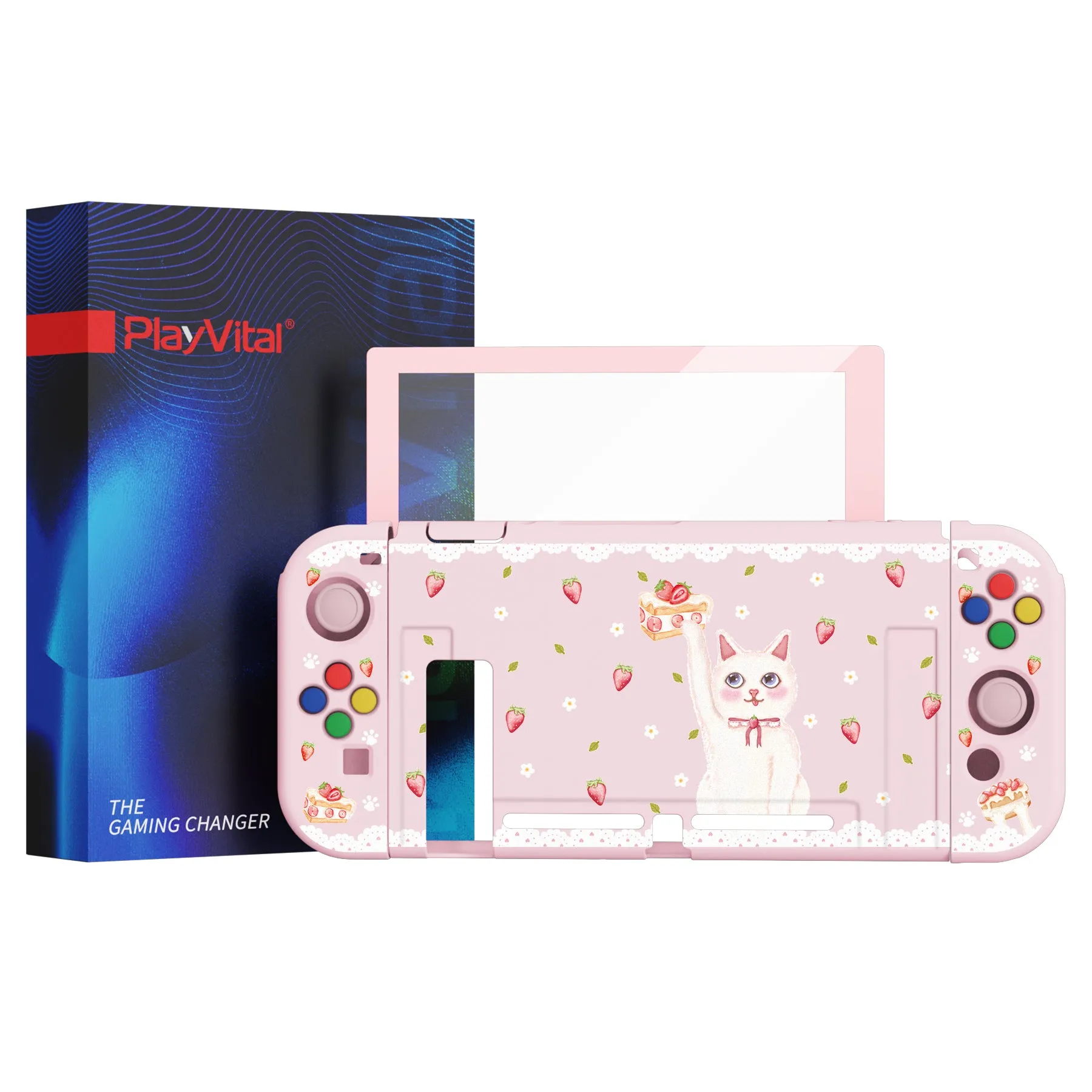 PlayVital ZealProtect Soft Protective Case for Nintendo Switch, Flexible Cover Protector for Nintendo Switch with Tempered Glass Screen Protector & Thumb Grip Caps & ABXY Direction Button Caps - Tea Time Kitty - RNSYV6032