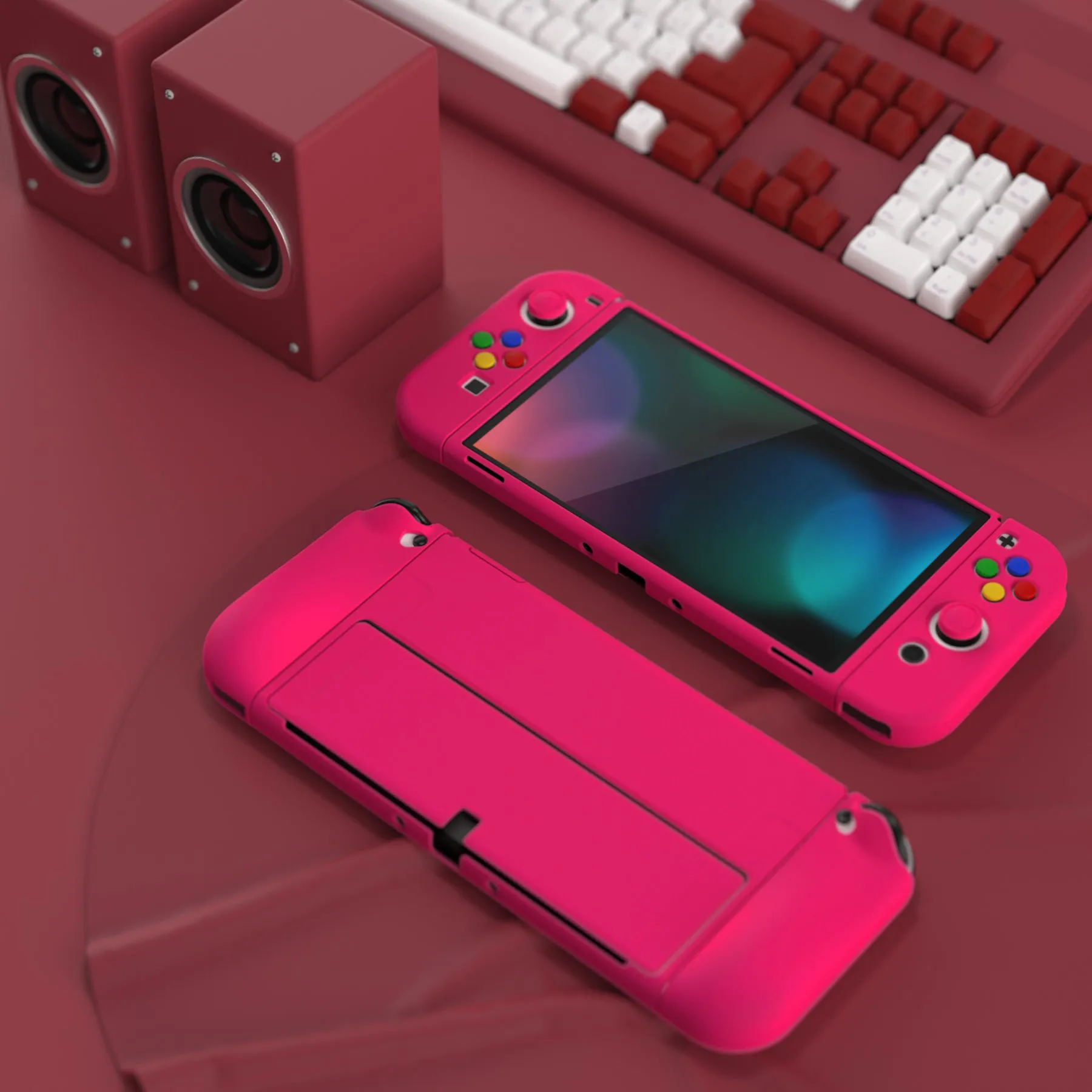 PlayVital ZealProtect Soft Protective Case for Nintendo Switch OLED, Flexible Protector Joycon Grip Cover for Nintendo Switch OLED with Thumb Grip Caps & ABXY Direction Button Caps - Bright Pink - XSOYM5012