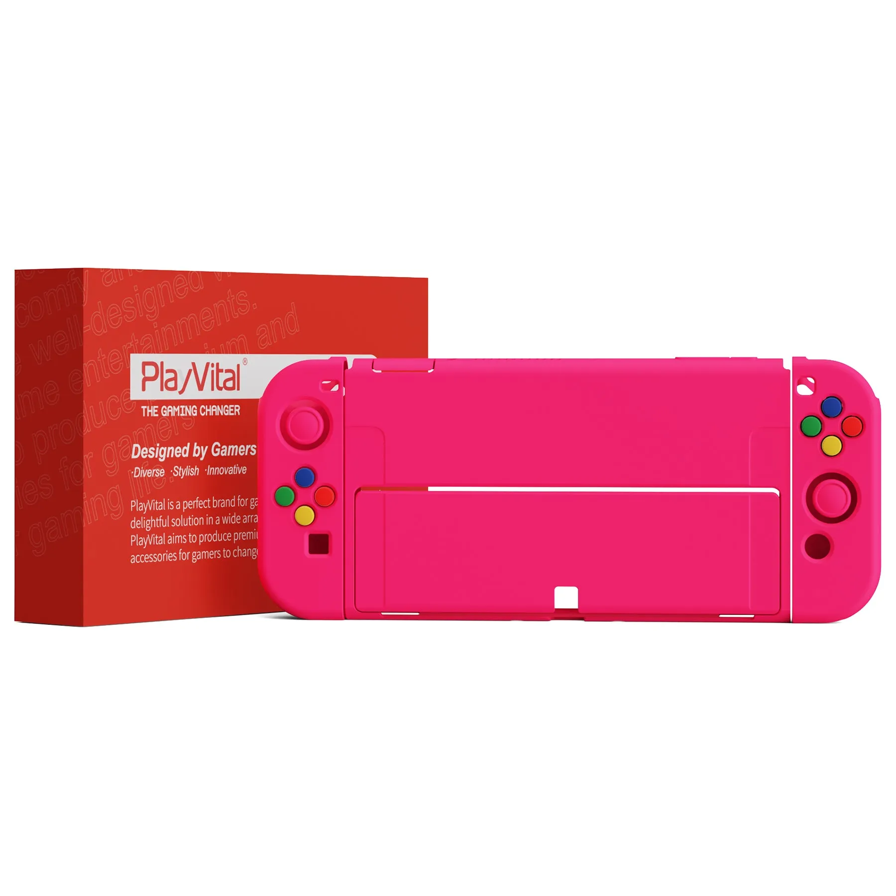 PlayVital ZealProtect Soft Protective Case for Nintendo Switch OLED, Flexible Protector Joycon Grip Cover for Nintendo Switch OLED with Thumb Grip Caps & ABXY Direction Button Caps - Bright Pink - XSOYM5012