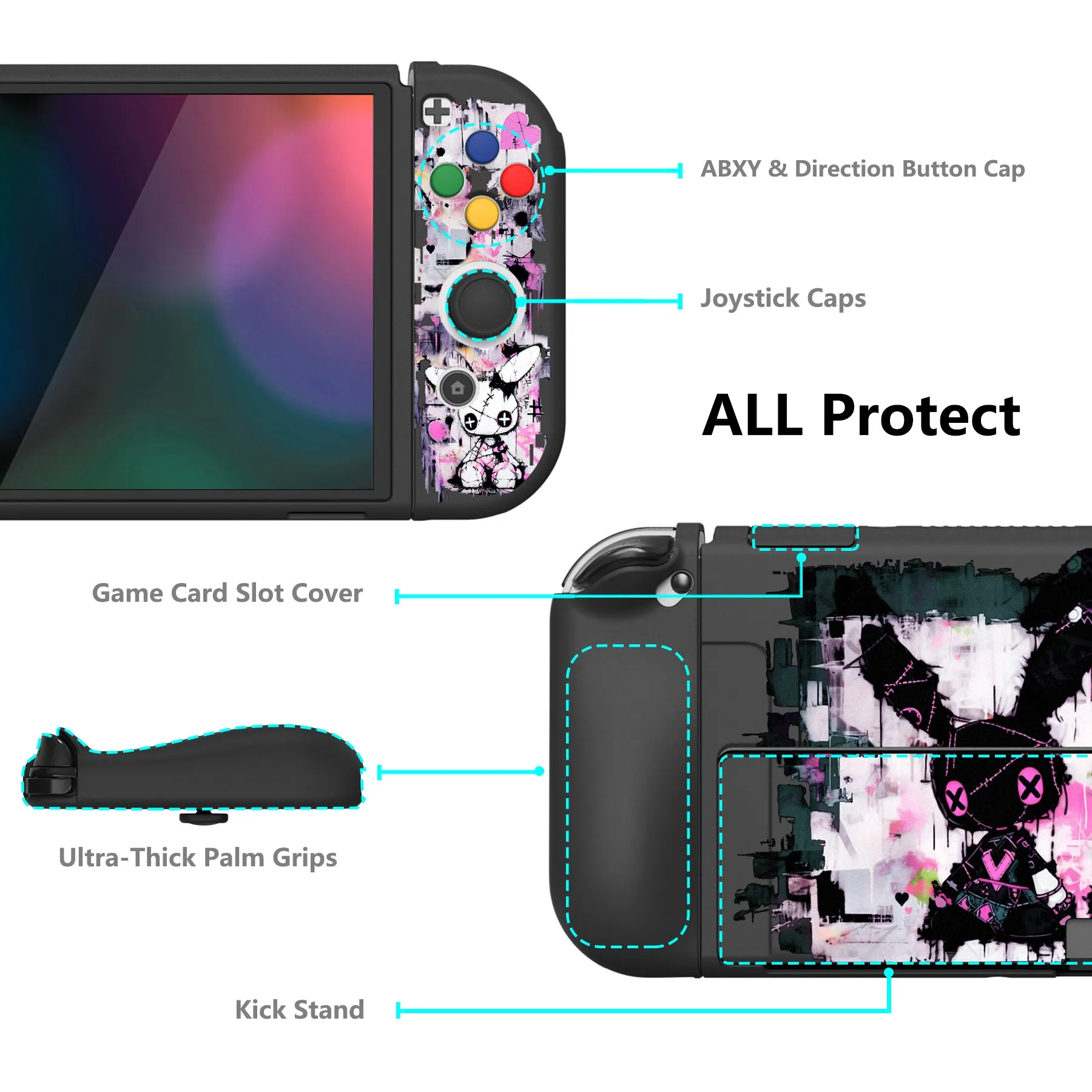 PlayVital ZealProtect Soft Protective Case for Switch OLED, Flexible Protector Joycon Grip Cover for Switch OLED with Thumb Grip Caps & ABXY Direction Button Caps - Lovely Punky Bunny - XSOYV6054