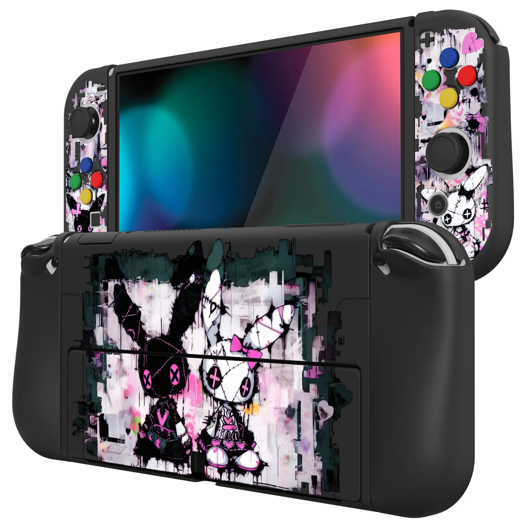 PlayVital ZealProtect Soft Protective Case for Switch OLED, Flexible Protector Joycon Grip Cover for Switch OLED with Thumb Grip Caps & ABXY Direction Button Caps - Lovely Punky Bunny - XSOYV6054