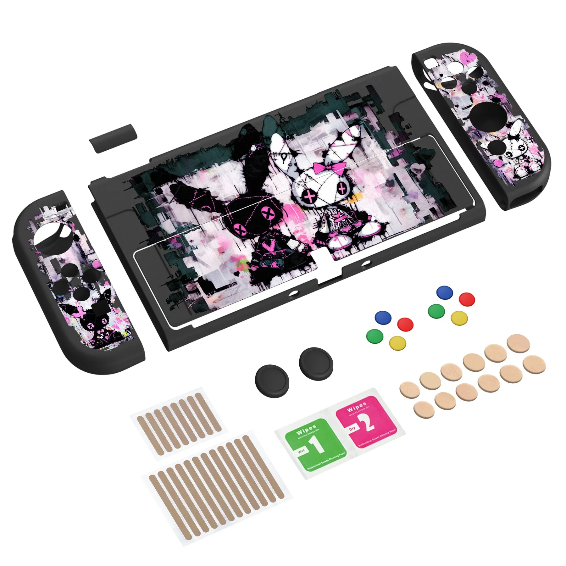 PlayVital ZealProtect Soft Protective Case for Switch OLED, Flexible Protector Joycon Grip Cover for Switch OLED with Thumb Grip Caps & ABXY Direction Button Caps - Lovely Punky Bunny - XSOYV6054