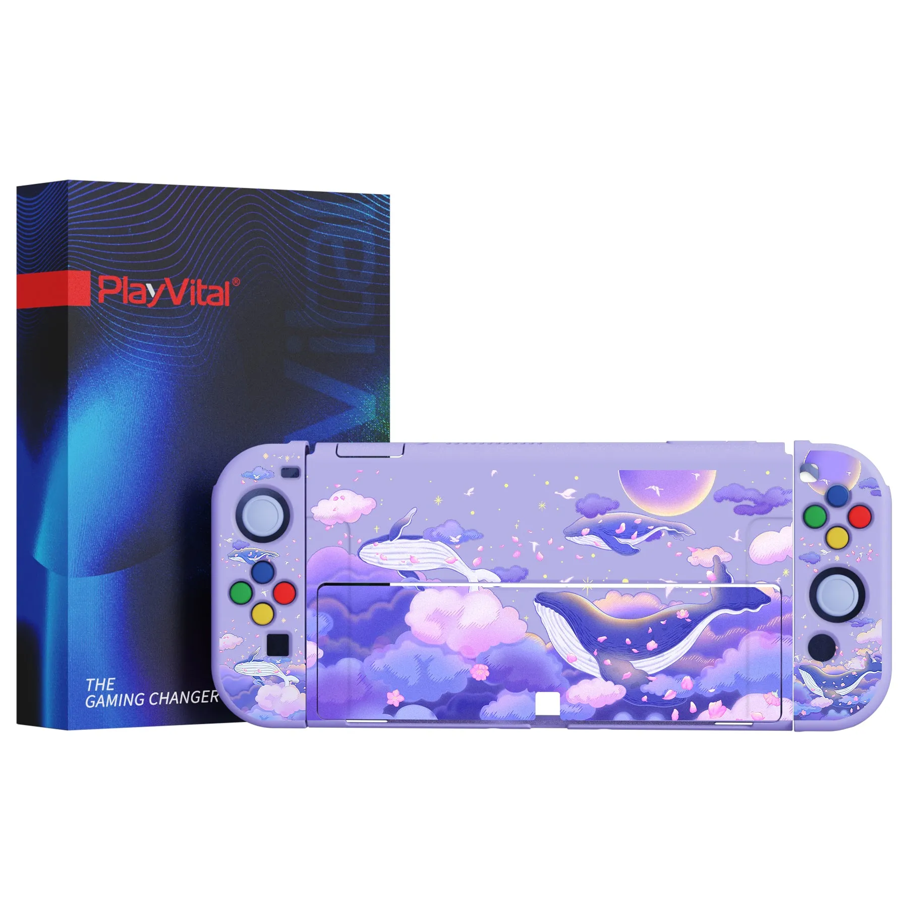 PlayVital ZealProtect Soft Protective Case for Switch OLED, Flexible Protector Joycon Grip Cover for Switch OLED with Thumb Grip Caps & ABXY Direction Button Caps - Whale in Dream - XSOYV6025