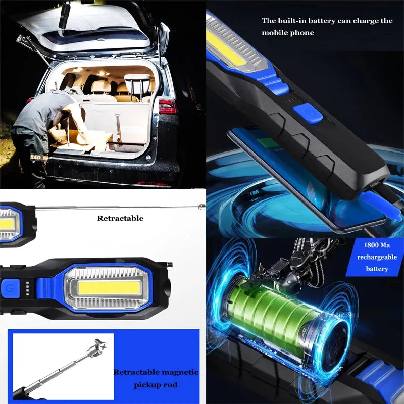 Portable Car Repair LED Flashlight USB Rechargeable COB Torch Waterproof Outdoor Lamp Camping Emergency Light With Magnet Hook