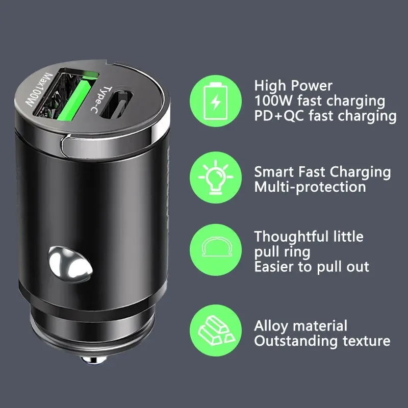 "Ultimate Fast Charging Car Charger: 100W Mini Car Charger Lighter for iPhone, Samsung, Xiaomi, Huawei - QC3.0 & PD USB Type C Compatible!"