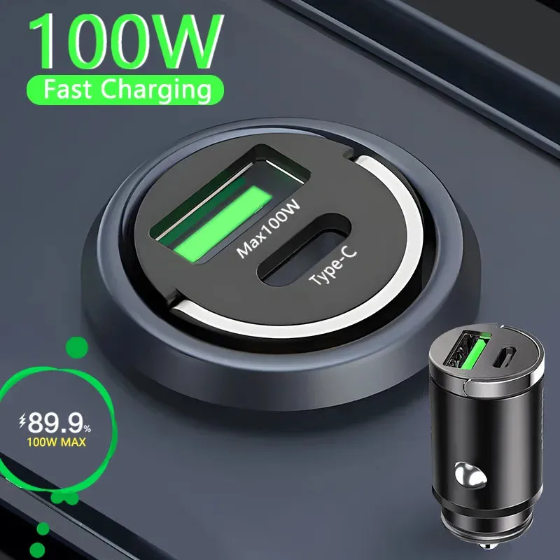 "Ultimate Fast Charging Car Charger: 100W Mini Car Charger Lighter for iPhone, Samsung, Xiaomi, Huawei - QC3.0 & PD USB Type C Compatible!"