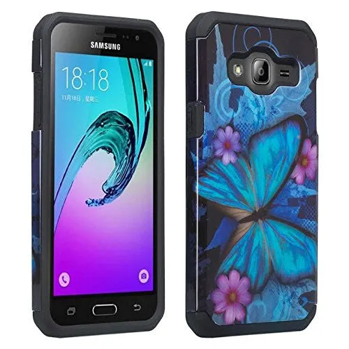 Samsung Galaxy J3 Case, J3V Case | Galaxy Express Prime Case | Galaxy Sky Case | Amp Prime Case | Galaxy Sol Slim Hybrid Dual Layer[Shock/Impact Resistant] Case - Blue Butterfly