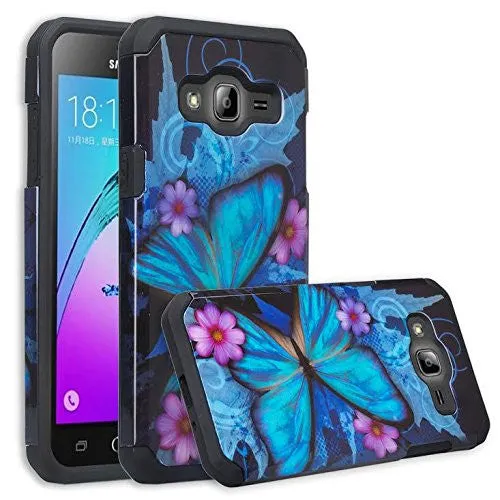 Samsung Galaxy J3 Case, J3V Case | Galaxy Express Prime Case | Galaxy Sky Case | Amp Prime Case | Galaxy Sol Slim Hybrid Dual Layer[Shock/Impact Resistant] Case - Blue Butterfly