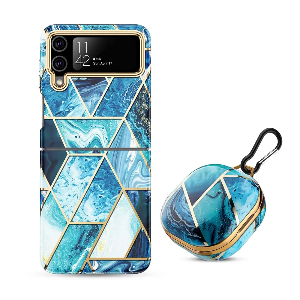 Samsung Galaxy Z Flip 4 Case   Galaxy Buds Case | Marble Pattern Phone Cover | Blue