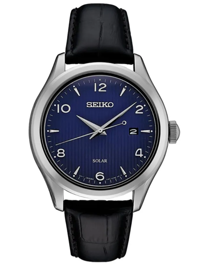 Seiko Mens Essentials Solar - Stainless Steel - Blue Dial - Black Leather