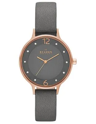 Skagen Womens Anita Crystal Watch - Grey Dial & Leather Strap - Gold-Tone Case