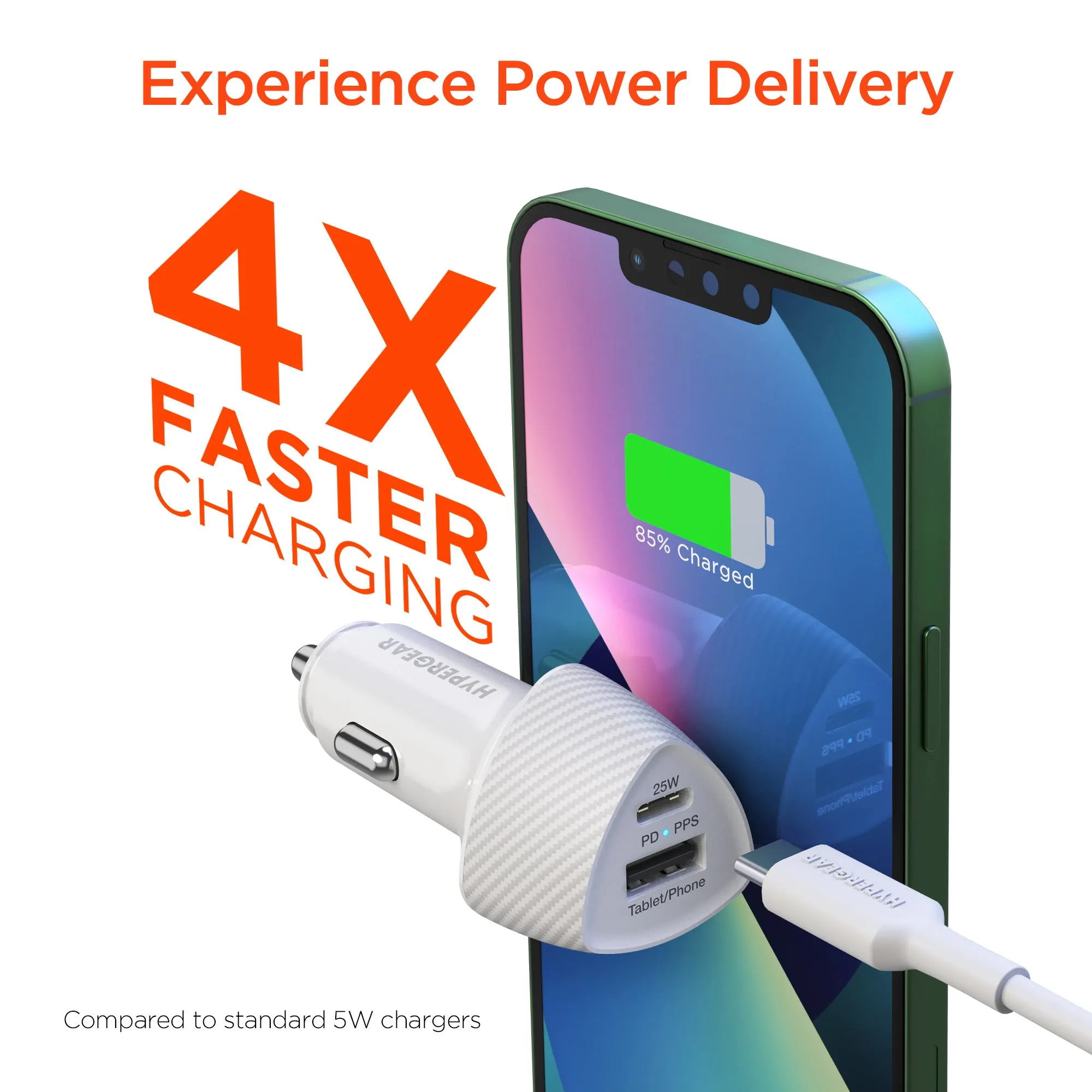 SpeedBoost 25W USB-C PD   12W USB Fast Car Charger with PPS | Includes 4ft MFi Lightning Cable | White