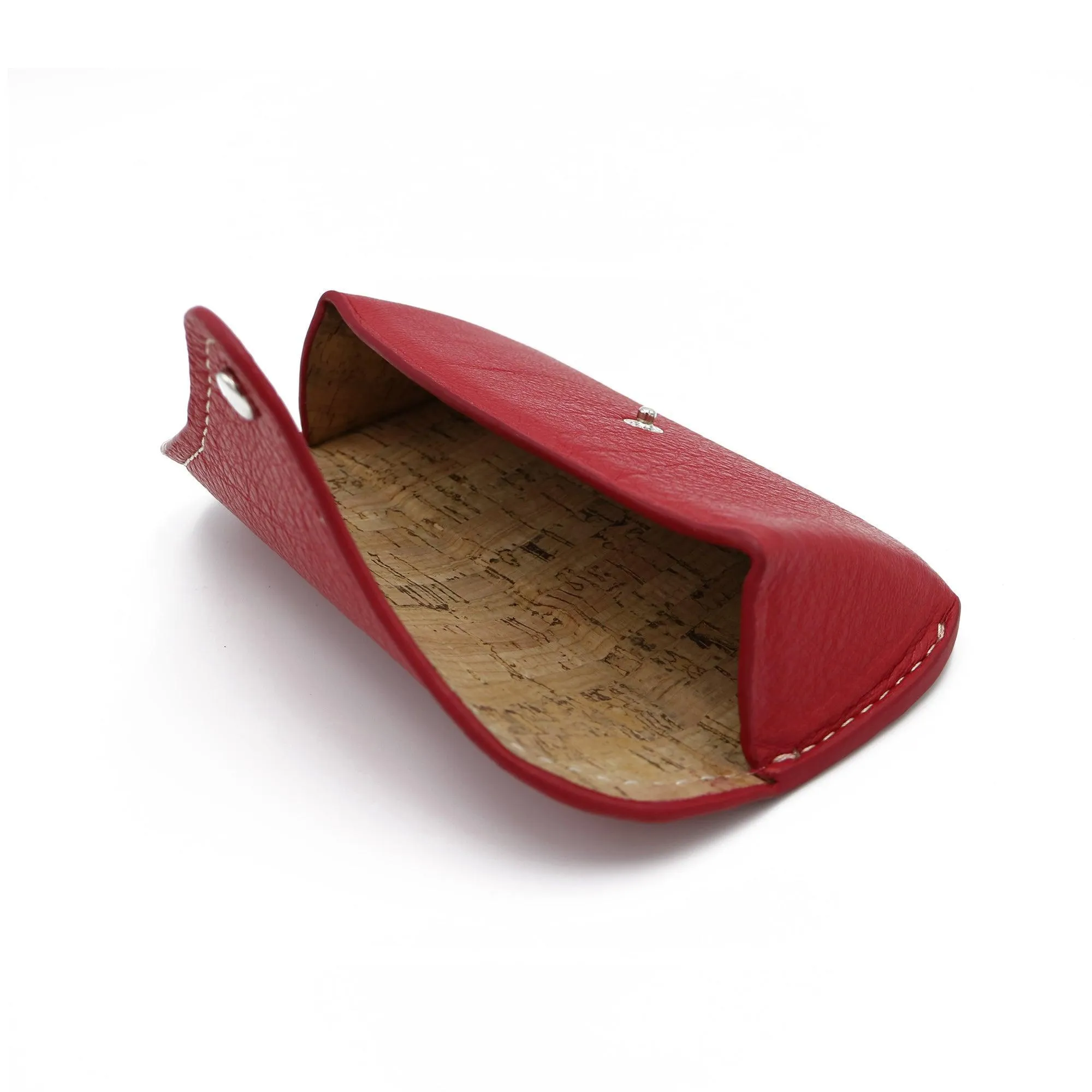 Sunglass Case - Italian Pebble Grain Leather, White Stitching Lined with Cork, Silver Snap