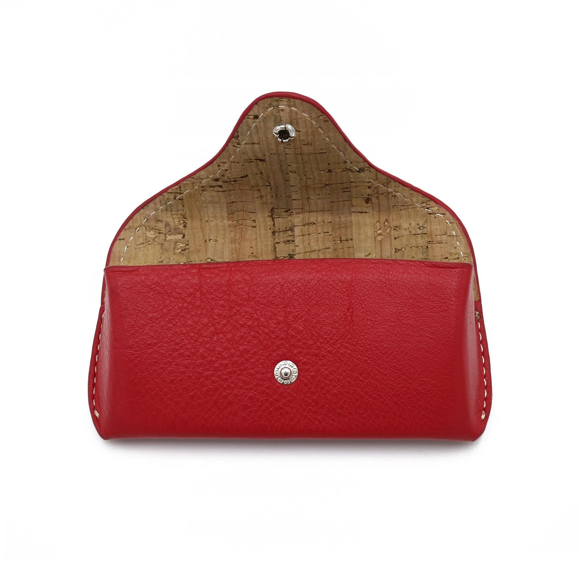 Sunglass Case - Italian Pebble Grain Leather, White Stitching Lined with Cork, Silver Snap