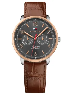 Tommy Hilfiger Will Mens Watch - Grey Dial - Brown Leather Strap - Day/Date